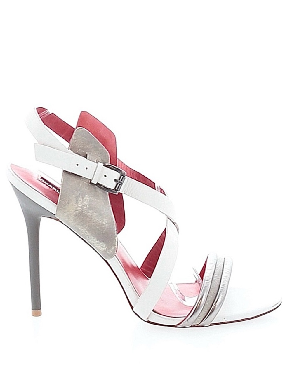 CHARLES JOURDAN ~ Silver/Gray White Crisscross Stiletto Heels w/Red Footbed